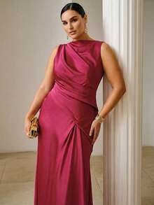 ZEYLAH Vestido asimétrico fruncido, talla grande, primavera/verano - Rosa Roja - Ver 3