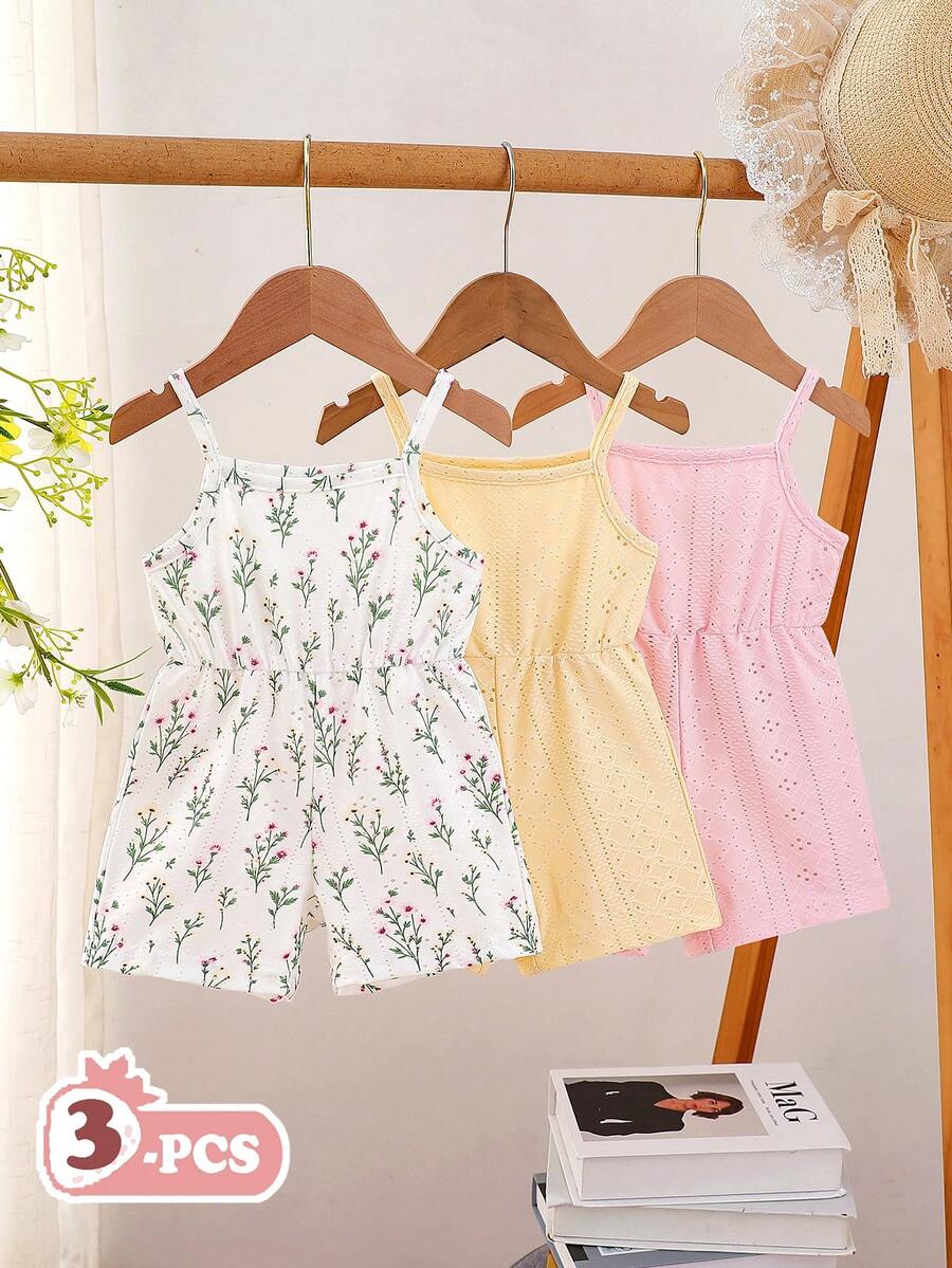 SHEIN Baby Girl Newborn 3-Pack Romper Set, Suitable For Summer, White, Pink, And Colorful Striped Three Different Colors Strap Rompers With Floral Print Pattern, Comfortable And Casual For Daily Play, Versatile And Cute, Basic And Suitable For All Occasions - Multicolor - View 1