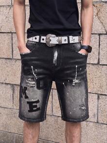 Manfinity EMRG Men's Casual Denim Shorts With Pockets & Letter Patch, Frayed Hem, Holiday - Black - View 4
