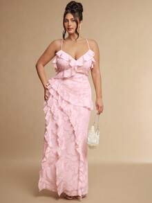 SHEIN BAE CURVE Plus Size Women's Pink Floral Chiffon Cut-Out Long Dress Lotus Leaf Romance Casual Formal Elegant Ruffle Tiered Spaghetti Strap Maxi For Wedding - Pink - View 6