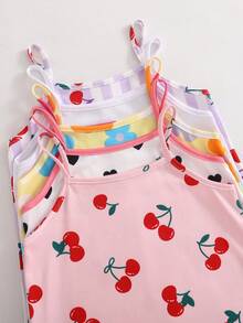 [5pcs Randomly Sent 1pc]Young Girl 1pc Pink Comfortable Sweet Cute Printed Knit Strappy Dress - Multicolor - View 2