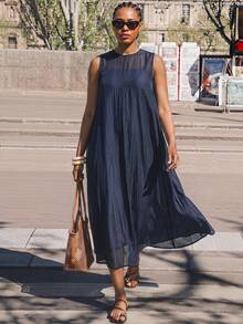 Maija Plus Size Women's Long Dress,Navy Blue Elegant Vacation Round Neck Sleeveless Loose Fit Soft Woven Fabric Modern Chic Office Autumn Outfit Halloween - Navy Blue - View 1