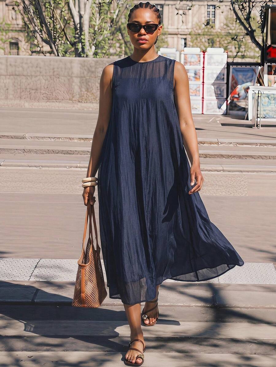Maija Plus Size Women's Long Dress,Navy Blue Elegant Vacation Round Neck Sleeveless Loose Fit Soft Woven Fabric Modern Chic Office Autumn Outfit Halloween - Navy Blue - View 1