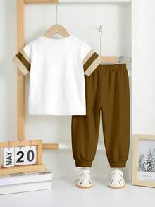 2pcs/Set Baby Boys' Loose Casual Sports Short Sleeve T-Shirt And Pants Set, Suitable For Spring & Summer. Classic Cool Colorblock Graphic Print, Milan City Name And Italian Text Print, Suitable For Campus, Spring & Summer - Multicolor - View 3