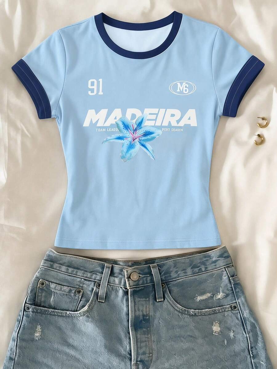 SHEIN 少女英文印花短款短袖上衣,休闲舒适,适合春夏穿着,时尚百搭,可用于户外活动、野餐、街头摄影、度假、送礼和日常穿着。 - 彩色 - 查看 1