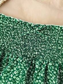 SHEIN 兒童青少年女孩夏季百搭裙褲，梭織花卉圖案腰部抽褶蝴蝶結雙層荷葉邊休閒裙褲，適合日常休閒、度假、派對、約會、返校 - 綠色 - 查看 4