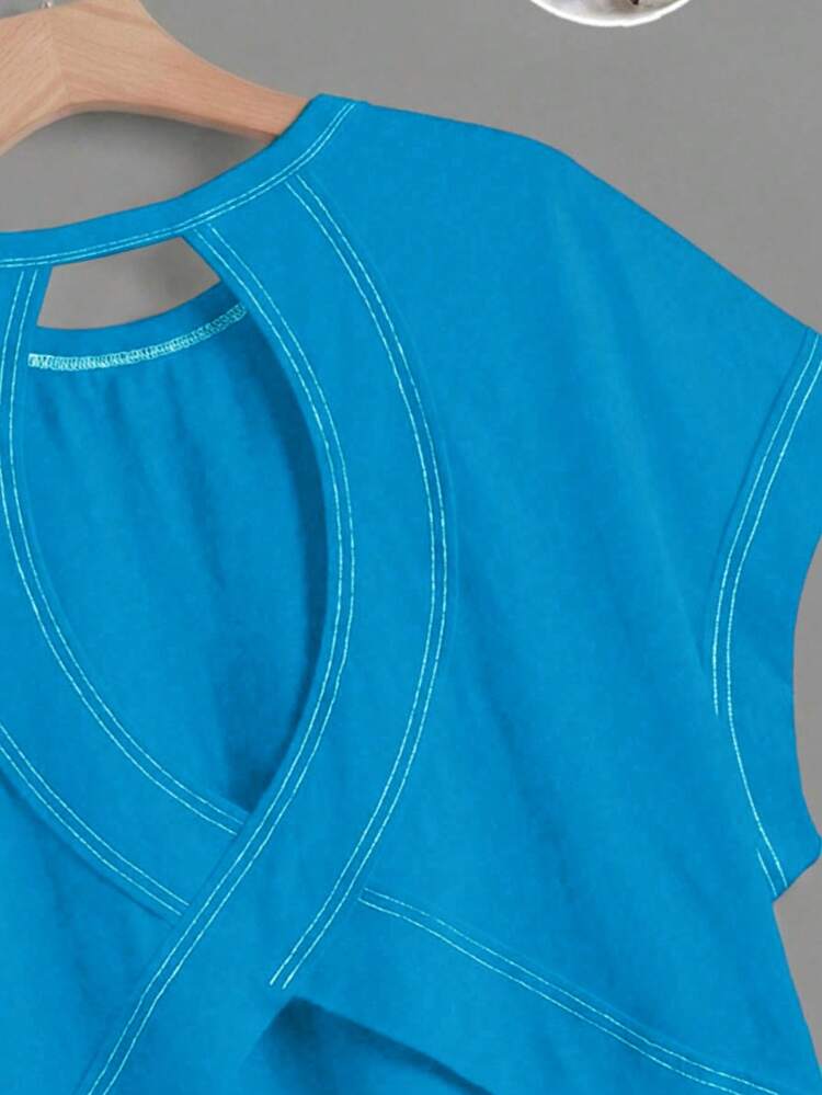 SHEIN Essnce Women's Casual Round Neck Backless Asymmetrical Hem Loose Sleeveless T-Shirt, Suitable For Summer,Summer Top - Blue - View 6