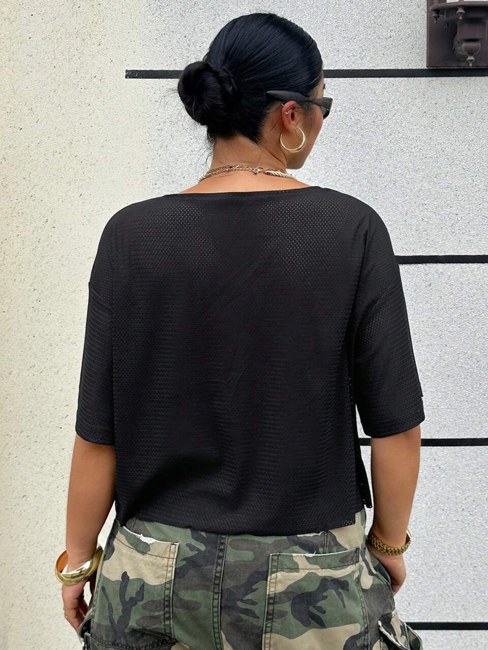 Dazy Plus Patchwork Lace V-Neck Digital Print Loose Street Blogger Casual Plus Size Women's Short Black Pullover T-Shirt