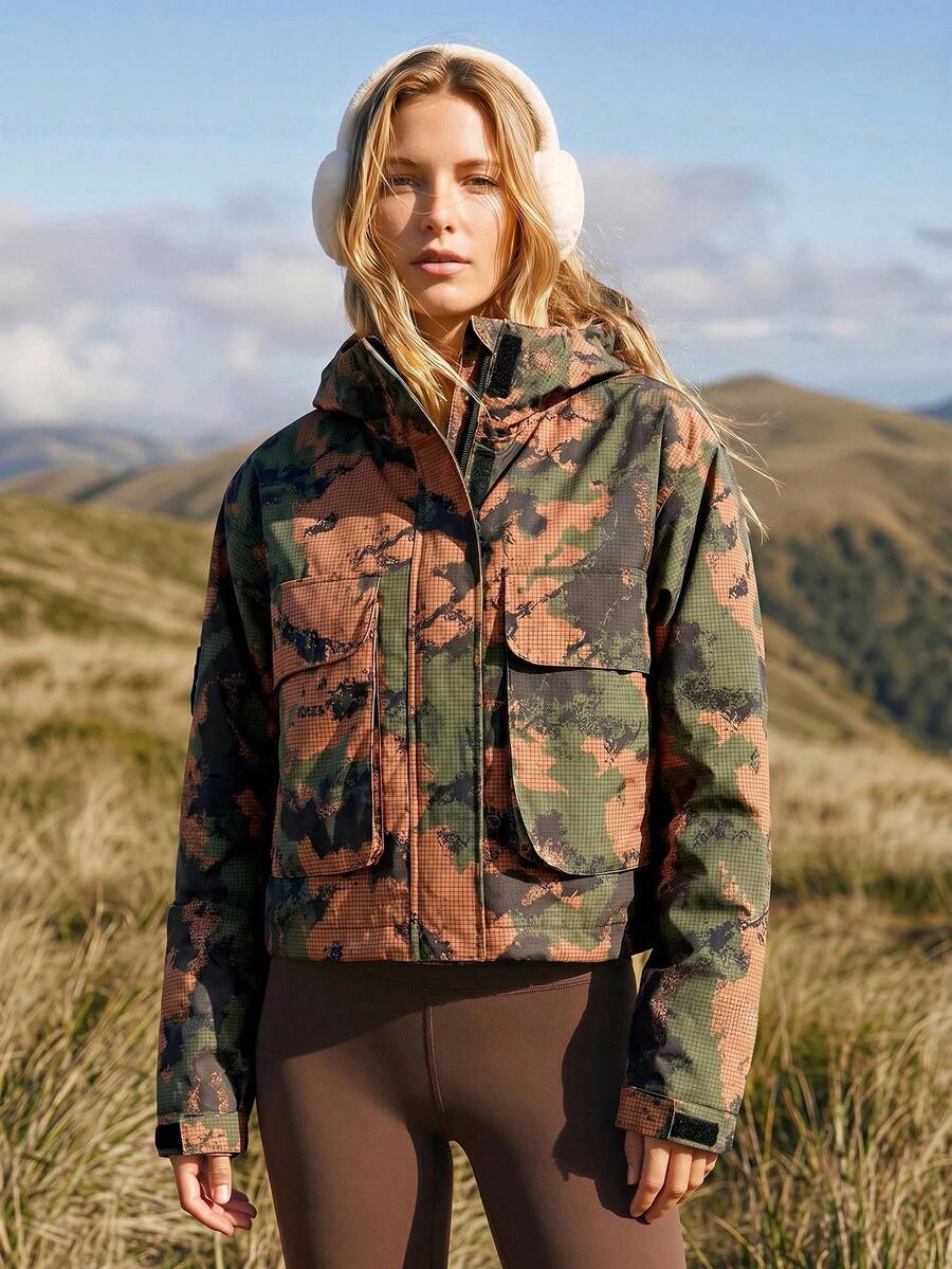 WanderVale Allover Print Flap Pocket Zip Up Jacket Sports