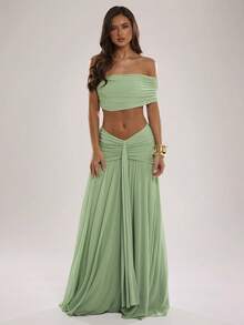 SHEIN BAE Spring/Summer Women's Casual Vacation Green Bandeau Ruched Top With Waist Ruched Long Skirt Elegant Solid Color Green 2-Piece Set, Suitable For Beach Vacation, Beach Holiday, Sisters Casual Vacation Green Set, Elegant Long Set - Green - View 6