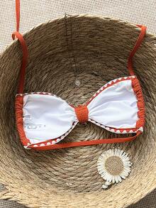 SHEIN Swim 橘色特殊面料上衣，純色太陽飾品，後背繫帶。適合節日、派對，可外穿 - 棕色 - 查看 3