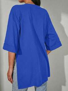 EURMUSE Drop Shoulder Split Hem Tee - Blue - View 2