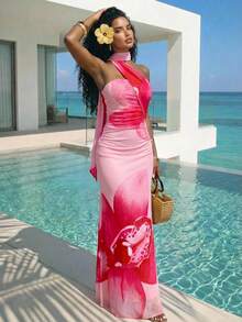 Aloruh Gaun Panjang Tanpa Lengan Satu Bahu Motif Bunga untuk Wanita, Cocok untuk Liburan - Baby Pink - View 4