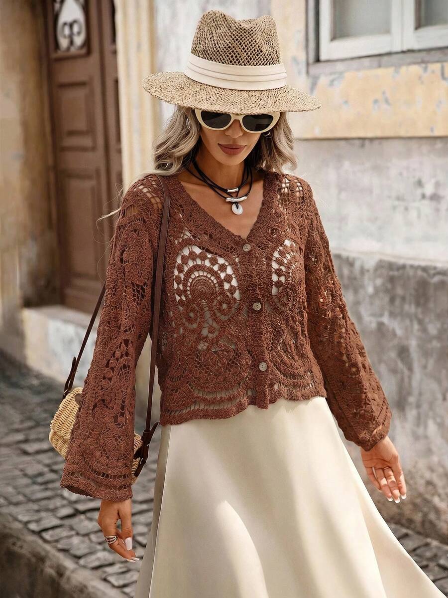 Brillora Cardigan Rajut Lengan Panjang Kancing Tunggal untuk Wanita, Cocok untuk Pantai - Coklat - View 1