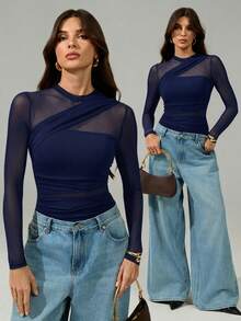 SHEIN Tall Bodysuit màu nâu cho nữ, áo lưới xuyên thấu tay dài nhún cổ giả, phù hợp cho tiệc cocktail, hẹn hò lãng mạn, lớp lót mùa đông - Màu xanh hải quân - Xem 1