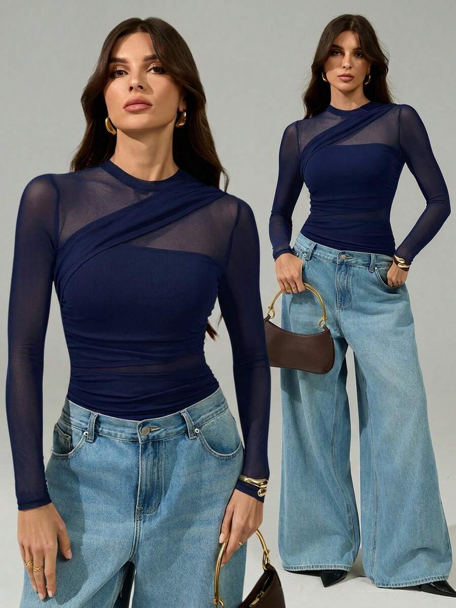 SHEIN Tall Bodysuit màu nâu cho nữ, áo lưới xuyên thấu tay dài nhún cổ giả, phù hợp cho tiệc cocktail, hẹn hò lãng mạn, lớp lót mùa đông - Màu xanh hải quân - Xem 1