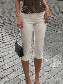 Vivamere Pantalones Capri de unicolor con Abertura Lateral, Adecuados para Primavera y Verano. ,Mujeres de Talla Pequeña - Blanco - Ver 13