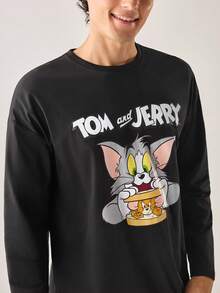 Strevion TOM & JERRY 男士休闲百搭汤姆和杰瑞元素印花长袖T恤，适合春秋季穿着 - 黑色 - 查看 6