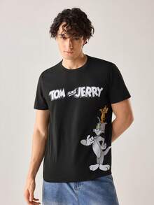 Strevion TOM & JERRY 男士简约绅士 Jerry & Tom 印花圆领短袖T恤，夏季款 - 黑色 - 查看 5