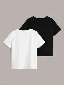 Tween Boy 2pcs Letter Graphic Tape Detail Tee, School, Campus, College,Kids - Black and White - View 2
