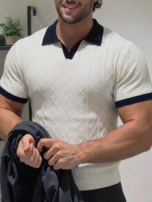 DAZY Plus Size Men's Two-Tone Color Block Ribbed Geometric Pattern Knit Top Summer - White - View 6