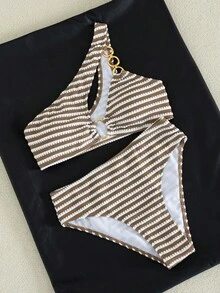 Swim Chiccia 夏季海灘條紋環狀非對稱領口高腰兩件式泳衣 - 彩色 - 查看 3