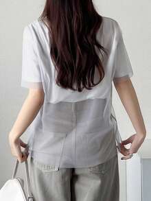 FRIFUL Women's Summer Spring/Autumn Solid Color Patchwork Sheer Mesh Loose Casual Versatile T-Shirt - Grey - View 2