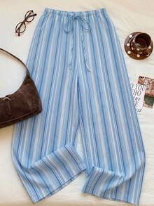 SHEIN EZwear 女款休閒腰部繫帶直筒長褲，適合夏季 - 淺藍色 - 查看 5