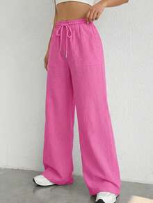SHEIN EZwear 玫瑰红编织抽绳腰斜插口袋休闲裤 - 玫紅色 - 查看 7