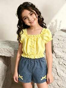 Genkimix Kids Young Girls Solid Color Ruffle Bow Decor Short Sleeve Top And Denim Shorts 2-Piece Set - Yellow - View 4