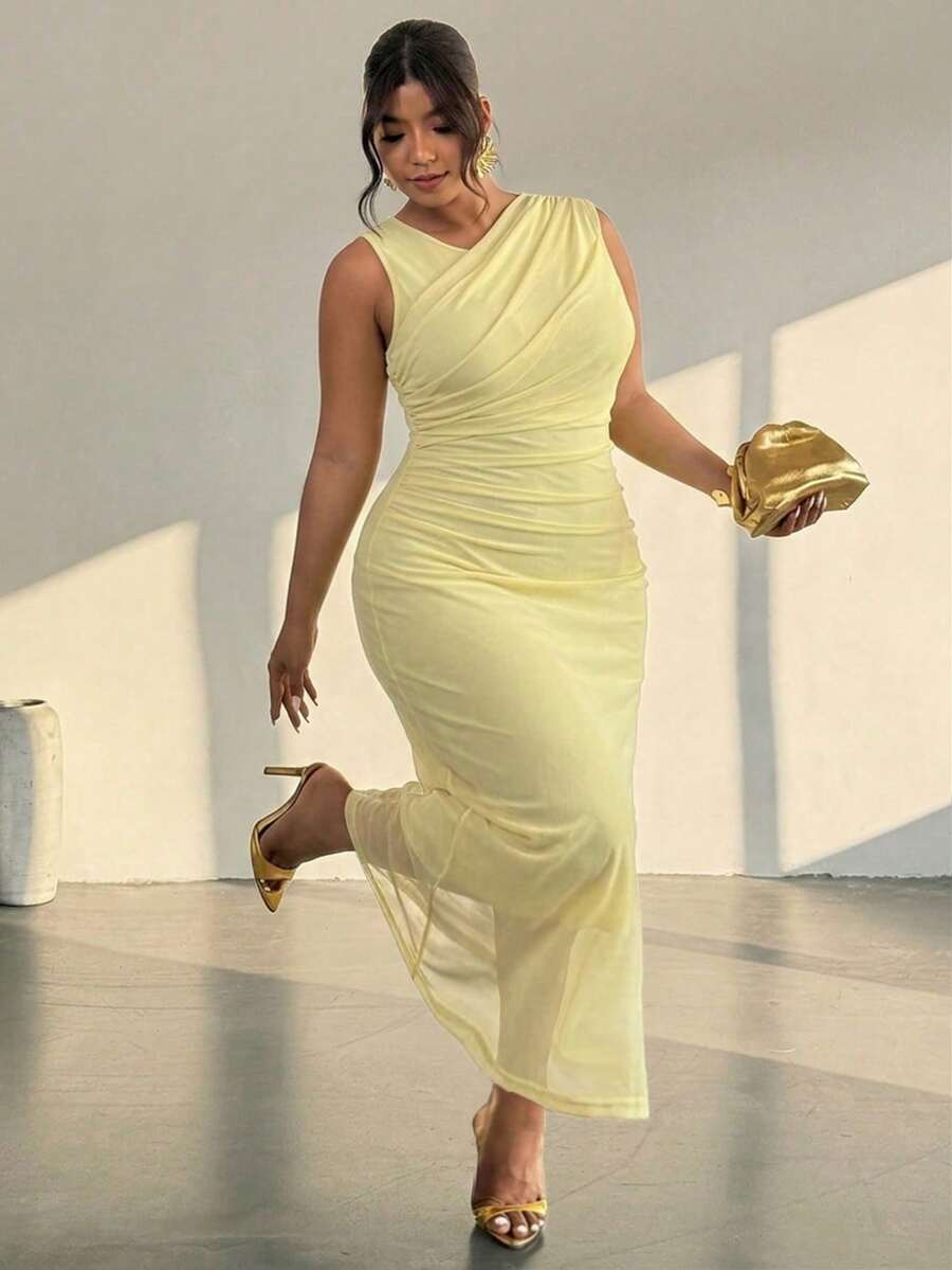 Firerie 大尺碼女款黃色長洋裝,夏季優雅休閒舒適度假下午茶浪漫Ins風抓皺肩部與腰部彈性網紗包容性強百搭多場合長袖喇叭裙/優雅通勤職場辦公穿搭美人魚風高端宴會無袖洋裝/舞會/婚禮季/情人節/派對/性感/通勤/優雅浪漫/生日派對穿搭/音樂節穿搭 - 黃色 - 查看 1