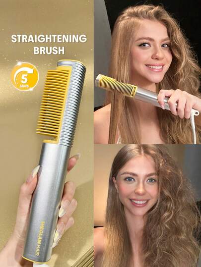 SHEGLAM HAIR Sleek Chic 3D Thermal Straightening Brush,24K Gold Hair Straightener Brush With Negative Ionic,Straight Hair Comb With 3D Anti-Scald Design & 5Temp Selection,5Min Quick Straightening,60S Fast Heat-Up & 30Min Minutes Auto-Off,Detangles Hair Easily For Home Salo