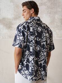 TONEVAULT TOPS Summer Festival Men's Floral Paisley Shirt Streetwear Tropical Vacation Navy And White - Multicolor - View 2