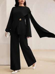 Veilorie Plus Size 2 Pieces Set Elegant Solid Color Metal Decor Shawl Ribbon Design Top And Long Pants Fall - Black - View 4