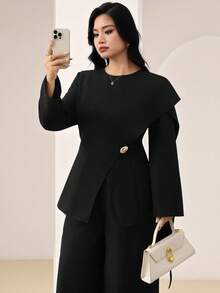 Veilorie Plus Size 2 Pieces Set Elegant Solid Color Metal Decor Shawl Ribbon Design Top And Long Pants Fall - Black - View 6