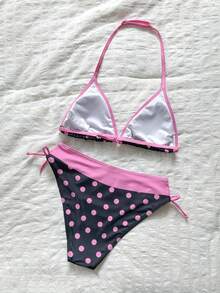 SHEIN 青少年女孩純色極簡波點細肩帶比基尼套裝，休閒海灘度假穿搭，夏季海灘，時尚新風格 - 彩色 - 查看 2