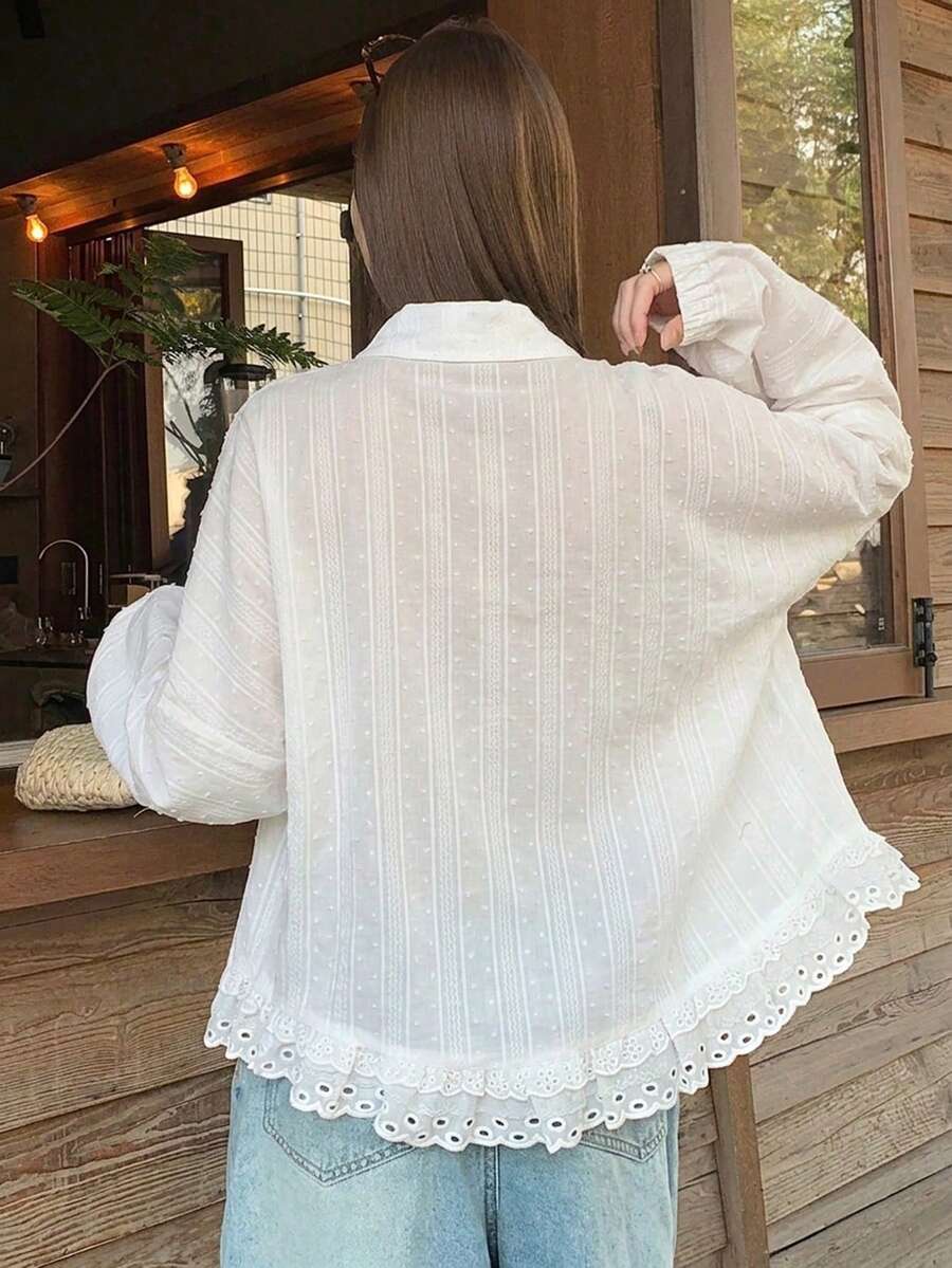 DAZY 女款連帽長袖寬鬆紋理面料蕾絲拼接休閒度假風標準夾克 - 白色 - 查看 1