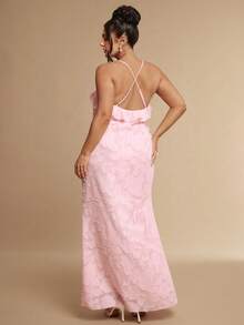 SHEIN BAE CURVE Plus Size Women's Pink Floral Chiffon Cut-Out Long Dress Lotus Leaf Romance Casual Formal Elegant Ruffle Tiered Spaghetti Strap Maxi For Wedding - Pink - View 2