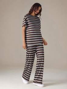 SHEIN Tall Colorful Striped Knit Casual Women's Set - Multicolor - View 3