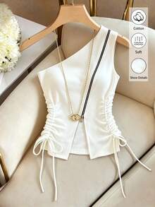 Franclia Asymmetric Shoulder Zipper Ruched Bow Sleeveless Top, White Street Style Sexy Knit Elastic Fabric Clothing For Women, Summer Club Night - White - View 1