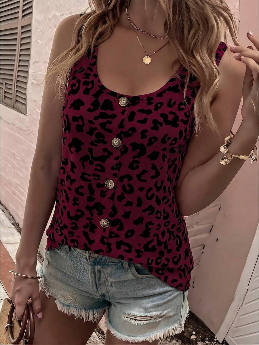 EMERY ROSE New Women's Fashion Leopard Print Round Neck Button Vest - Multicolor - View 1