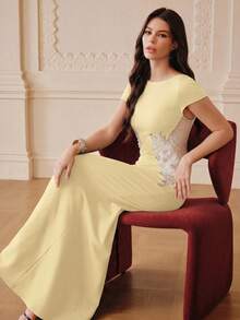 ZEYLAH Spring Summer Patchwork Position Embroidery Dress - Yellow - View 6