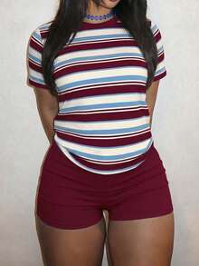 Slaydiva Women's Summer Casual Striped T-Shirt And Solid Color Shorts 2-Piece Set - Multicolor - View 4