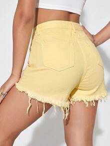 SHEIN Essnce 女款磨損毛邊鈕扣口袋牛仔短褲 - 黃色 - 查看 2