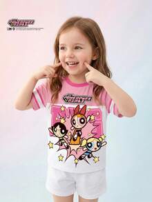 THE POWERPUFF GIRLS X SHEIN Maija Kids 少女休闲简约圆领短袖T恤，适合夏季穿着 - 彩色 - 查看 3