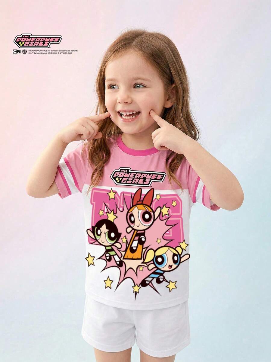 THE POWERPUFF GIRLS X SHEIN 少女休闲简约圆领短袖T恤,适合夏季穿着 - 彩色 - 查看 1
