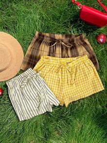 Comfortcana Women's Summer Casual Plaid & Striped Shorts 3pcs Set - Multicolor - View 4