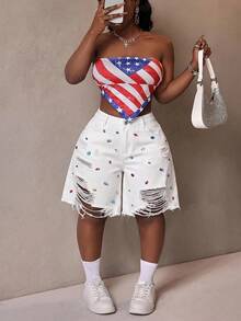 Slaydiva Plus Size Women's Colorful Rhinestone Decor Pocket Distressed Frayed Denim Shorts - White - View 6