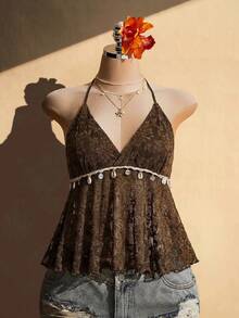 SHEIN ICON Plus Size Knitted Halter Shell Tassel Decor Babydoll Backless Camisole - Brown - View 10