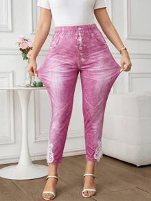 SHEIN Clasi Große Größen Hohe Taille Elastisch Kariert Einfach Slim Fit Lässig Hose,Büro Outfits Für Frauen - Korallenrosa - Übersicht 6